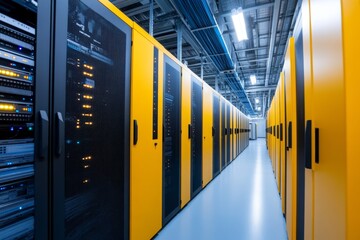 Modern data center corridor with yellow server racks, advanced network equipment, and high-tech infrastructure design for efficient data management, cloud computing, and secure information processing.