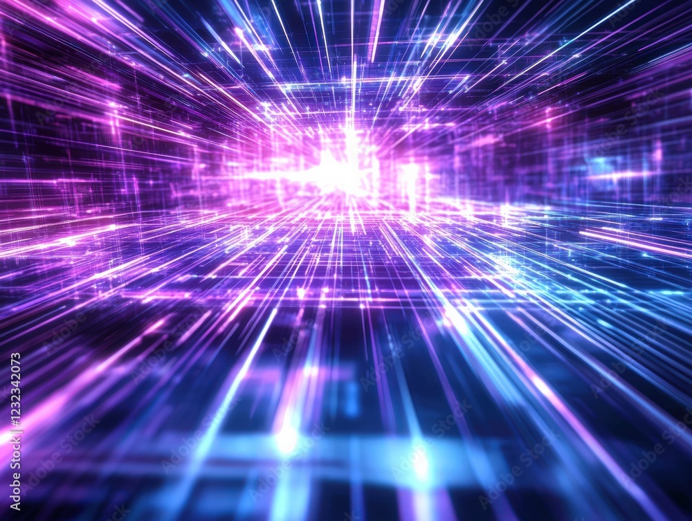 Poster dynamic light trails in abstract digital space with shimmering neon colors