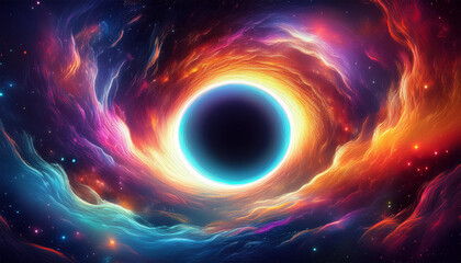 black hole glowing in a vibrant space with colorful cosmic clouds