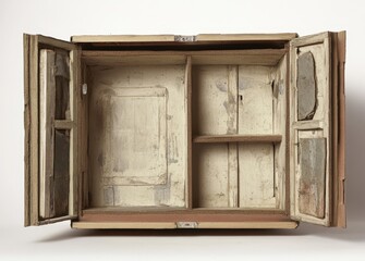Antique wooden cabinet open, revealing interior compartments and shelves.