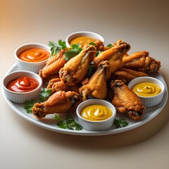 Plate of crispy chicken wings with parsley garnish and sauces