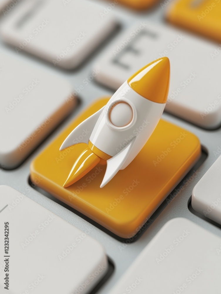 Poster close-up view of a 3d rocket icon on a bright yellow seo button on a computer keyboard