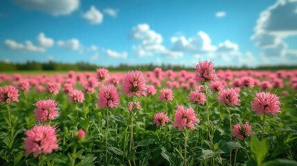 Obraz premium A field of pink Monarda flowers under a blue sky with white clouds creates a serene landscape