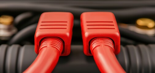 Obraz premium Battery replacement maintenance concept. Close-up of red electrical connectors on cables, showcasing their design and functionality in a technical context.