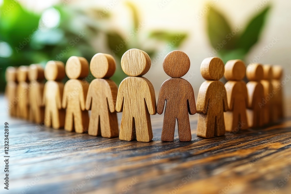 Poster group of wooden figures holding hands in a circle on a wooden table with green plant background for 