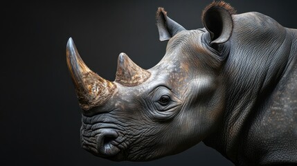 Fototapeta premium Close-up portrait of a black rhinoceros against a dark background.