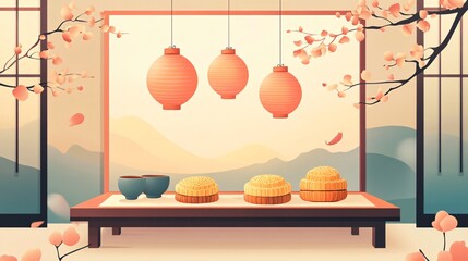 Traditional Korean Mid Autumn Festival Chuseok Celebration Mooncakes Lanterns Decorative Background