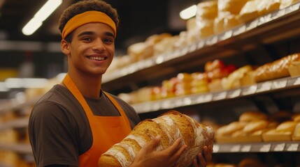 Young baker smiles while holding a freshly baked loaf in a vibrant bakery showcasing a variety of breads