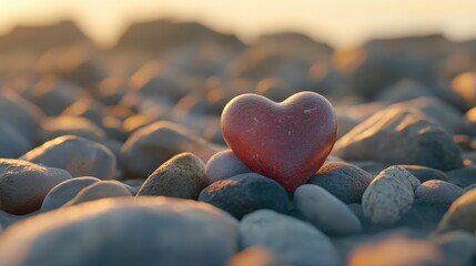 Fototapeta premium Close-up of a heart-shaped pebble balanced on other stones on a beach.