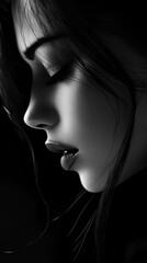 Obraz premium Captivating profile of a woman with soft lighting emphasizing her features and emotions in a dramatic black and white setting