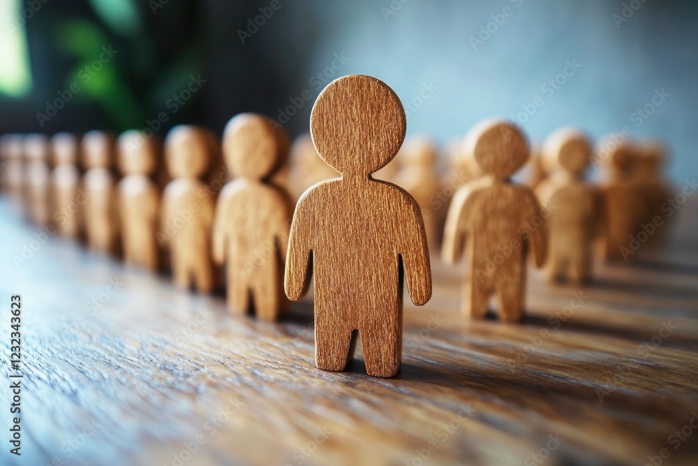 Poster wooden figurines representing diversity and teamwork against a blurred background, symbolizing unity