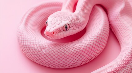 Obraz premium Unique pink snake resting on a soft pink surface, showcasing its vivid coloration and intricate scale patterns under bright lighting