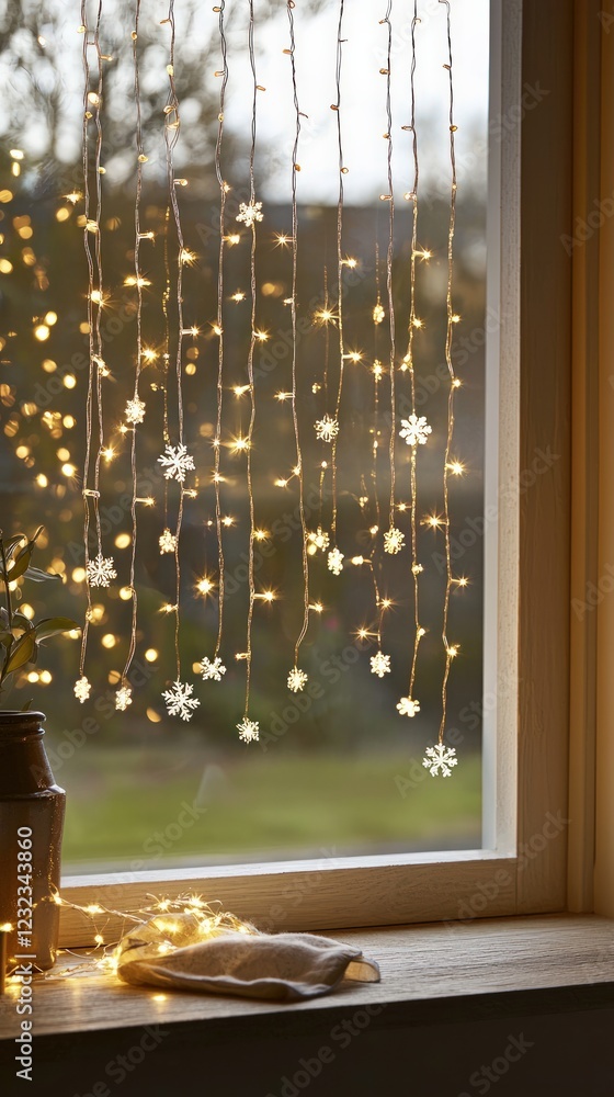 Poster window decorated with string lights and snowflake ornaments creating a cozy atmosphere