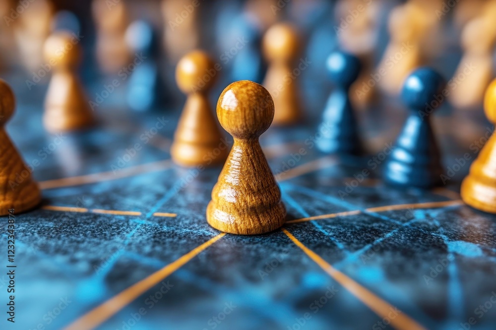 Poster close-up view of colorful game pieces on a textured board with geometric patterns highlighting strat