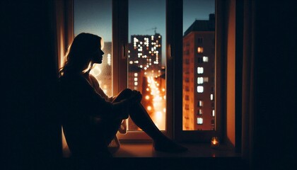 Silhouette of lonely woman in window, home light at night, concept of solitude, loneliness