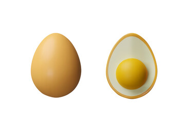 3d render set egg. Three-dimensional vector illustration of hen eggshell and yolk. Easter egg meal decoration. Nature ingredient of protein and fats for breakfast or lunch. Healthy eating concept