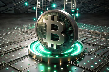 Images of the bitcoin logo on a digital background. Abstract futuristic digital currency logo bitcoin. Digital money bitcoins technology style background