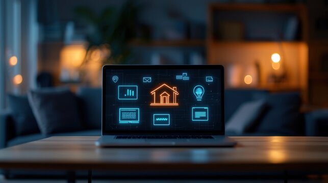 A modern and minimalist living room showcasing the latest smart home technology featuring a digital control panel connected appliances