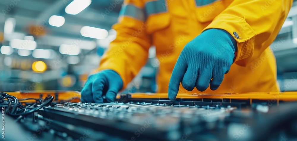Poster battery replacement maintenance concept. a worker in a yellow jacket and blue gloves operates machin