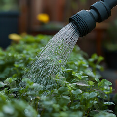 Close-up of a garden hose watering lush green plants in a vibrant garden setting