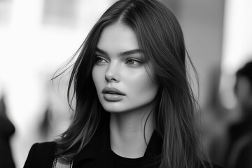 Naklejka premium Monochrome portrait of woman with long, flowing hair.