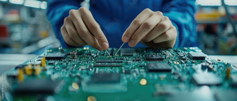 Poster a person works meticulously on a circuit board, using precision tools to assemble or repair electron