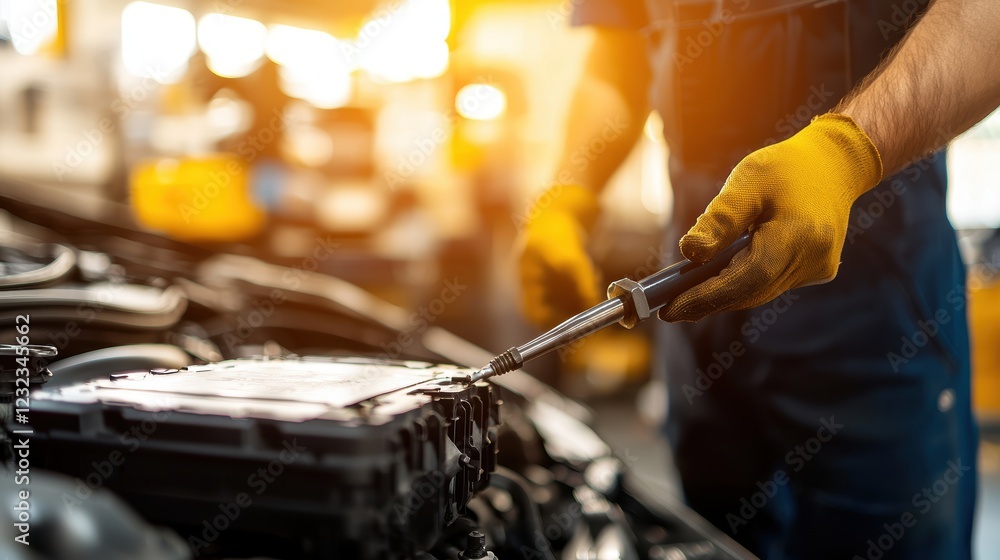 Aufkleber battery replacement maintenance concept. a mechanic wearing gloves works on a car engine, using a to