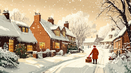 Snowy village scene with person carrying Christmas gifts
