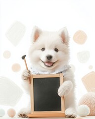 Adorable White Fluffy Dog with Blank Board – Smiling Samoyed Dog with Wooden Blackboard