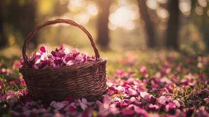 Wicker basket filled with petals in a sunny meadow