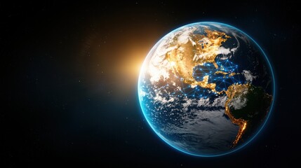 Naklejka premium Breathtaking orbital view of the glowing blue Earth our home planet situated amidst the vast and mysterious cosmos Showcasing the beauty and fragility of our world