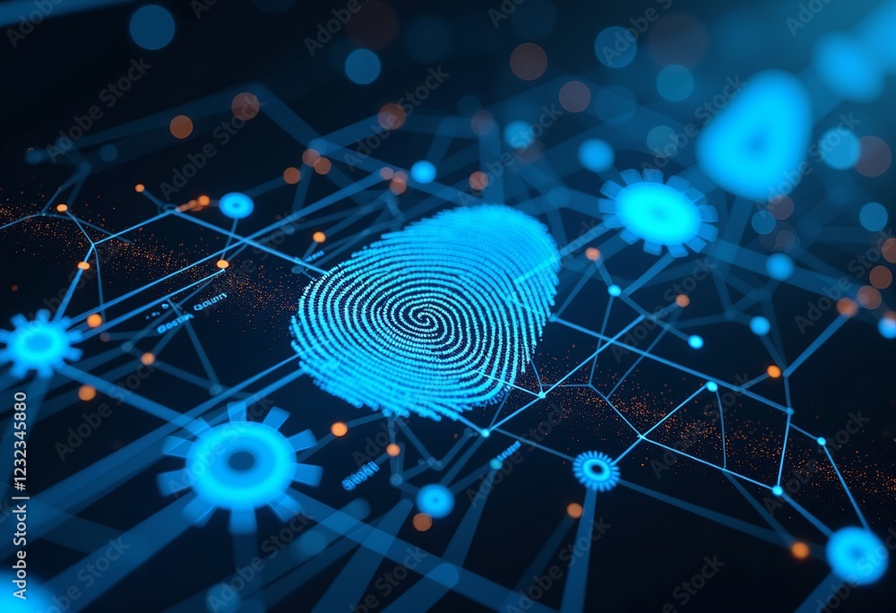 Poster digital data stream representing biosecurity, flowing from fingerprint, abstract visualization, cybe