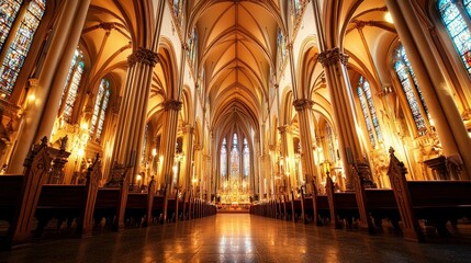 Ornate Gothic Cathedral Interior with Warm Lighting and Colorful Stained Glass Windows
