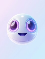 Fototapeta premium streamlined AI chatbot logo with prominent eyes and mouth, drifting against a pale blue backdrop, gradient from white to purple, subtle halo effect, modern and minimalistic.