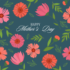 Mother's Day flower pattern greeting card with floral pattern on dark background. Vector illustration for poster, invitation, card or fabric