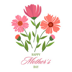 Mother's Day card with hand drawn flowers bouquet on white background. Vector illustration for poster, invitation, postcard or fabric