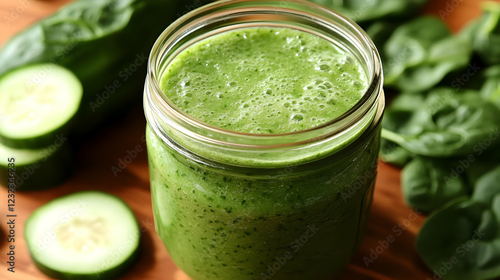 Poster refreshing green smoothie with cucumber and spinach