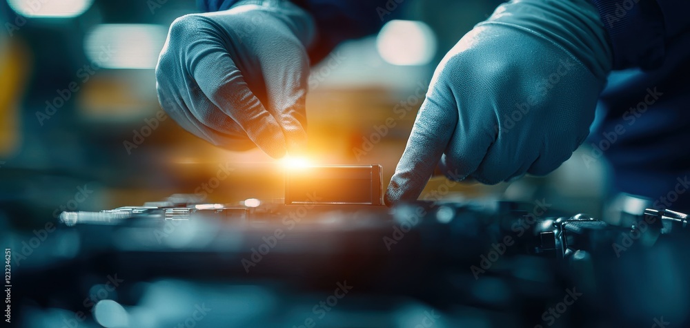Aufkleber battery replacement maintenance concept. a technician's hands, wearing gloves, carefully work on a c