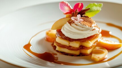 Pancake with whipped cream and caramel on a white plate.