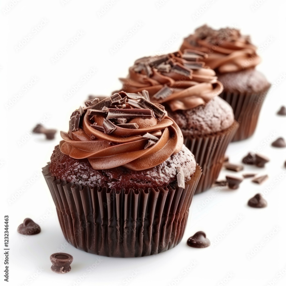 Poster three chocolate cupcakes with chocolate frosting and chocolate shavings are arranged in a row on a w