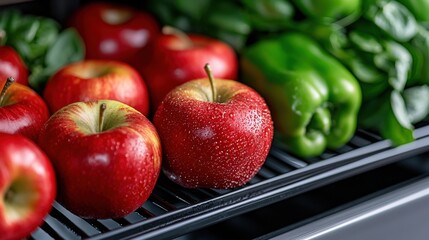 Closeup view of a refrigerator shelf fully with fresh produce including red apples green bell peppers and other healthy natural ingredients  Concept of healthy eating meal grocery shopping