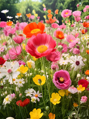Fototapeta premium Colorful wild flowers field with blurred background 