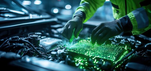Battery replacement maintenance concept. A technician works on a car's engine, handling a circuit board illuminated by green lights, showcasing advanced automotive technology and repair.