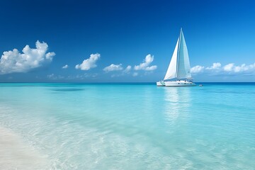 Fototapeta premium Azure Water Reflects Majestic White Catamaran In Clear Blue Sky Evening Scene 