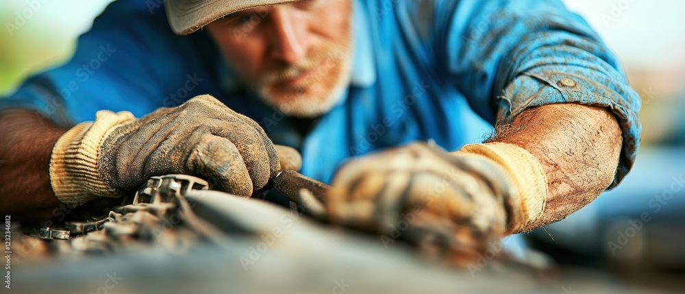 Poster Battery replacement maintenance concept. A skilled worker in gloves focuses intently on a mechanical task, showcasing craftsmanship and dedication in a hands-on environment.