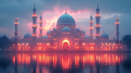Majestic mosque illuminated at dusk, reflecting in calm waters, surrounded by misty atmosphere