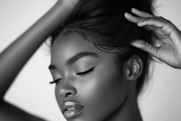 Naklejka premium Black and white photo of woman with hand in hair.