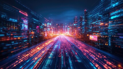 A futuristic cityscape with glowing digital data streams.