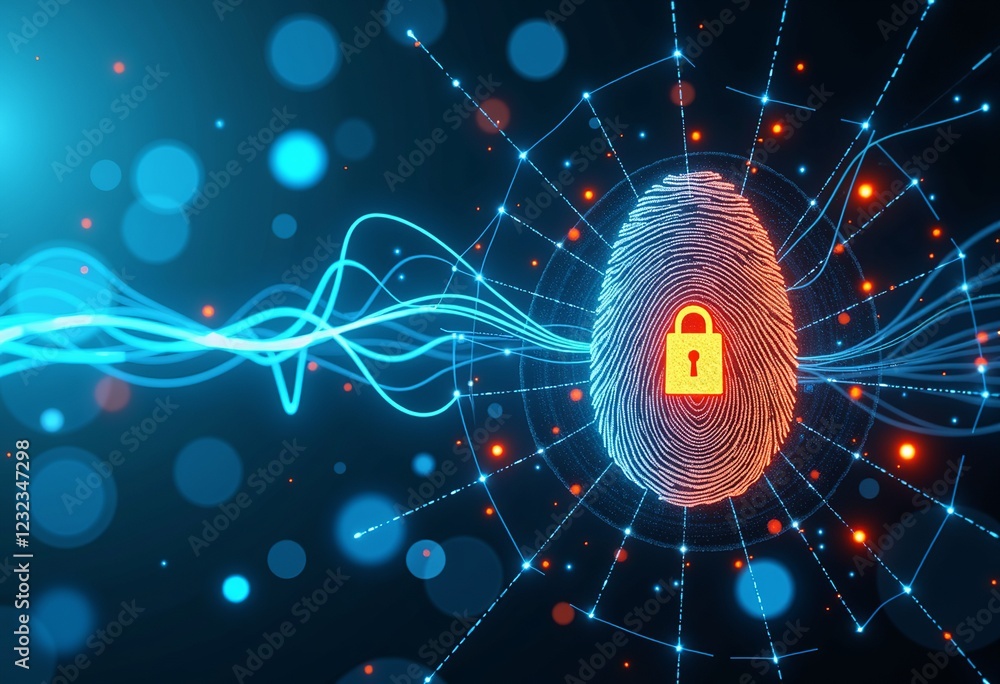 Poster abstract digital biosecurity, data stream visualization, fingerprint source, digital security focus,