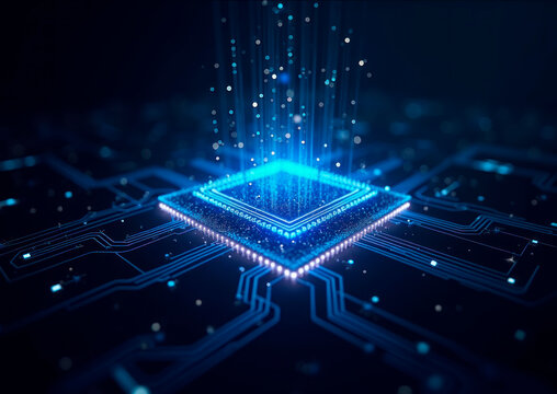 Concept high-resolution image of an AI chip, selective focus